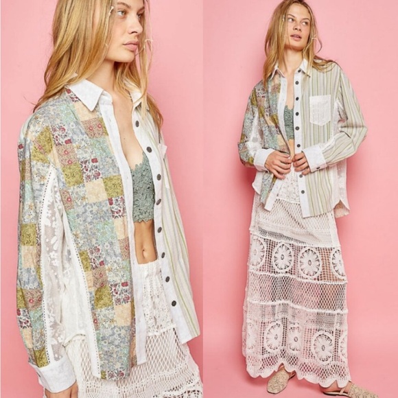 POL Tops - POL oversized Patchwork SIZE SMALL button down.